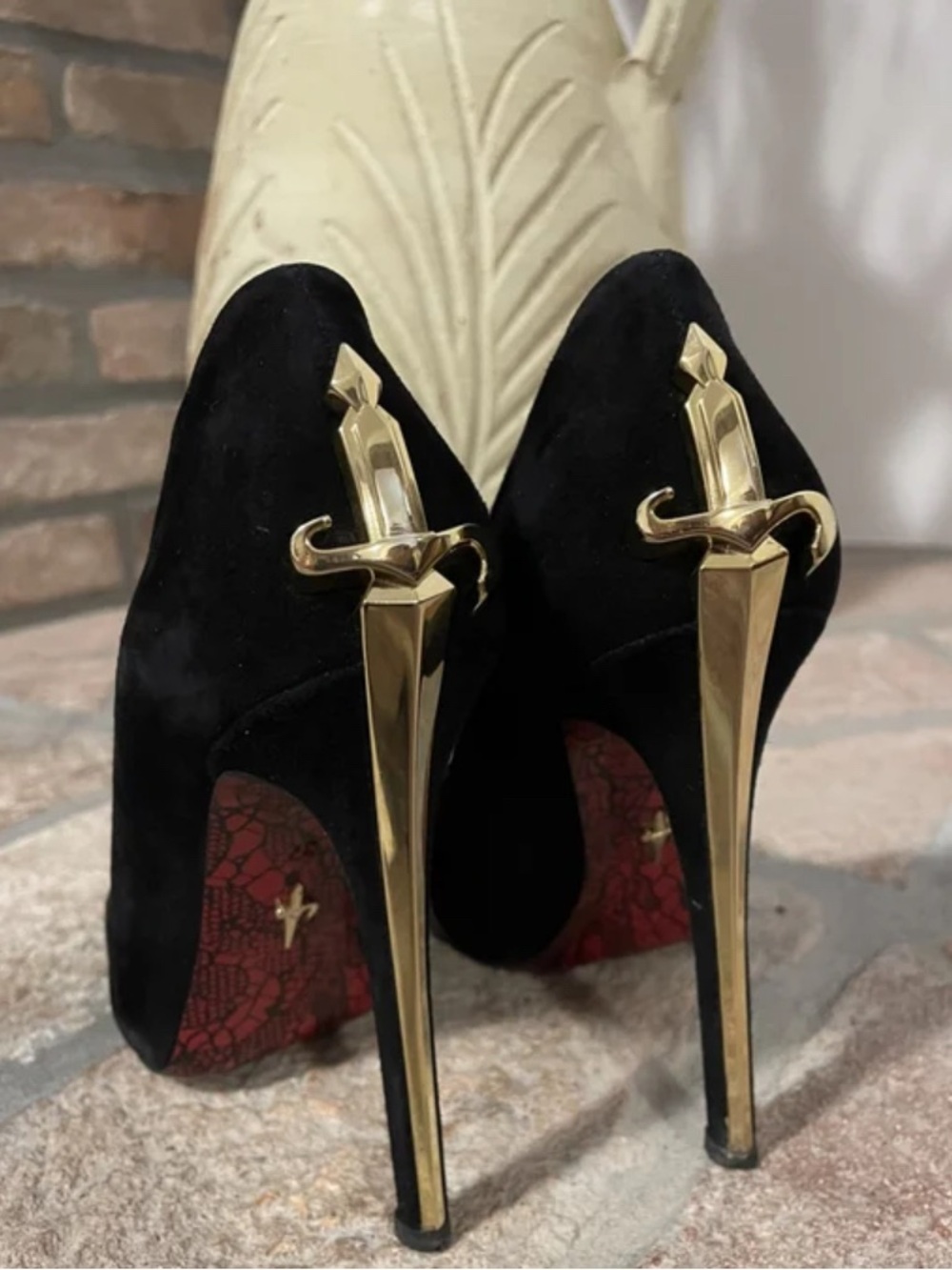Cesare Paciotti Black Suede Gold Dagger Heels